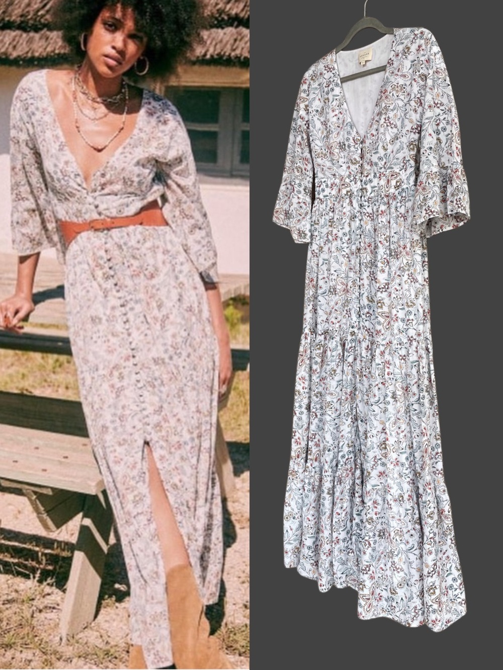 SEZANE White Red Orange Blue Boho Paisley Floral Button Down Bonnie Maxi Dress